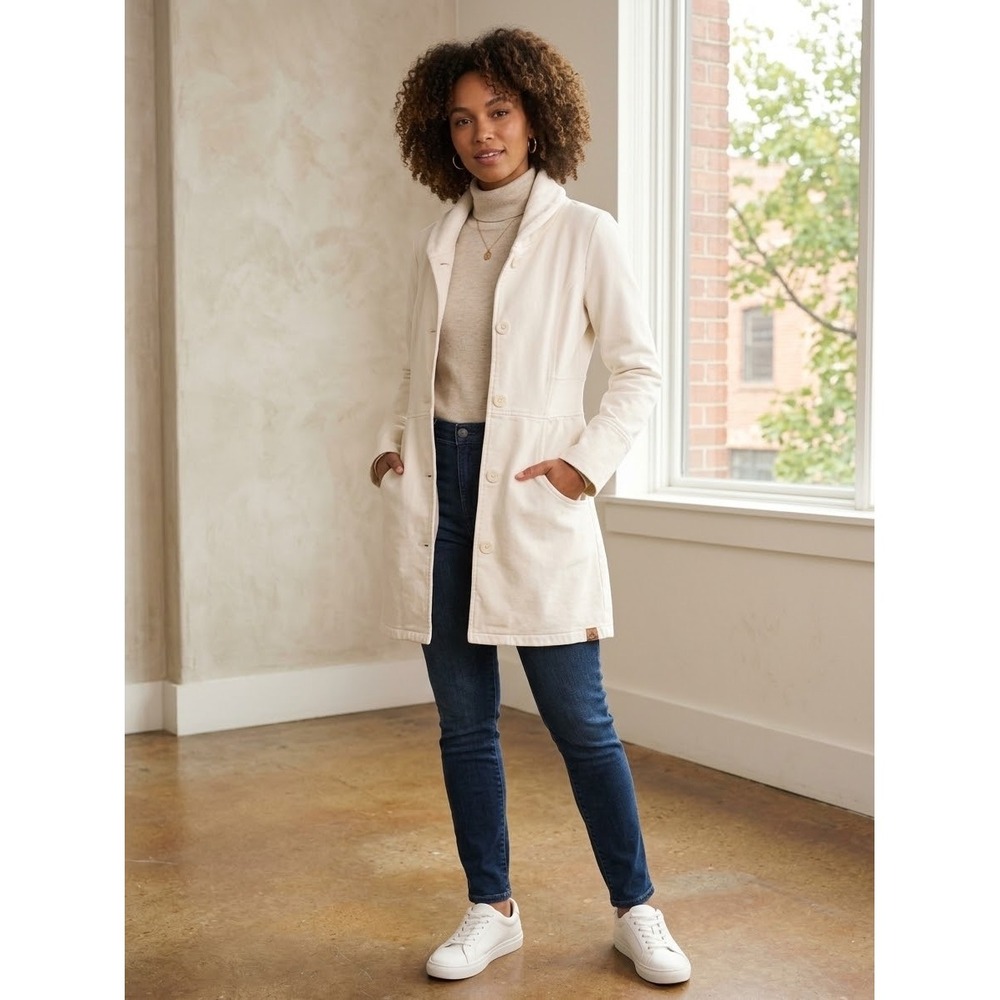 Prana Breathe Cream Cotton Shawl Collar Button Front Coat Jacket Womens Medium